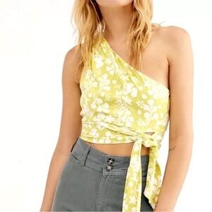 Free People Carmen one shoulder yellow tropical cropped tie blouse top size S